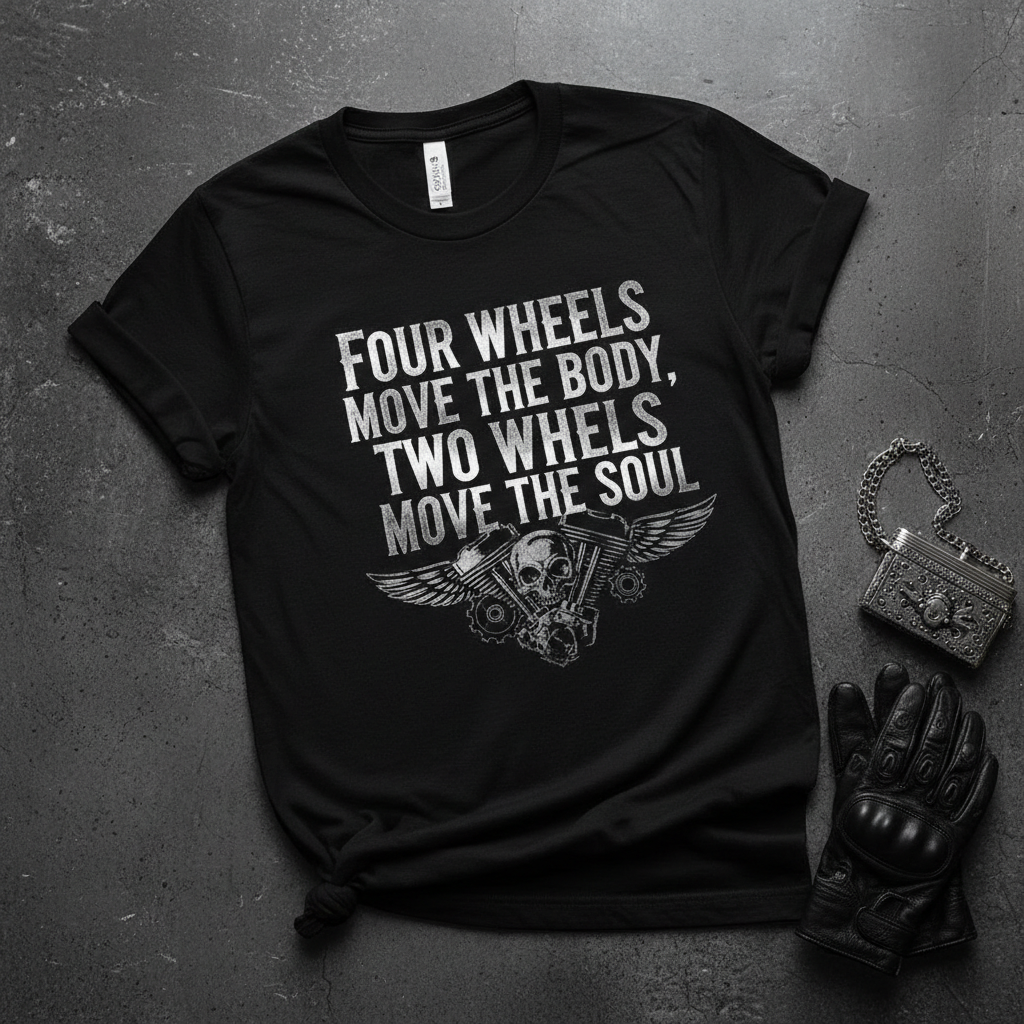 Four Wheels Move the Body Two Wheels Move the Soul motorcycle t-shirt